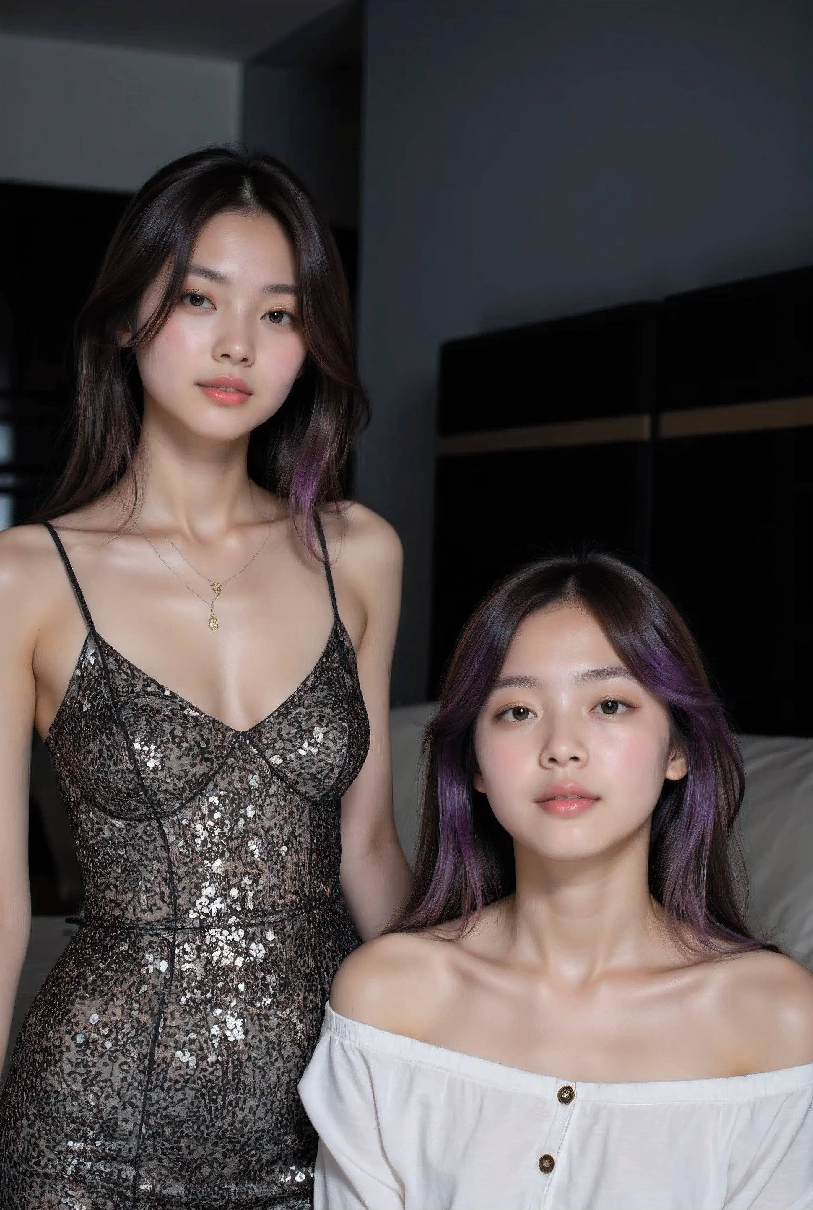 Adorably cute and lovely brown-skinned tanned Filipina-korean Spanish Sexy cute elegant petite 33 year old goth wife with gray-brown hair is resting in my bed with my adorable and innocent like 16-yrs old sexy medium perky breasts young little daughter with purple streaked hair wearing a long shirt