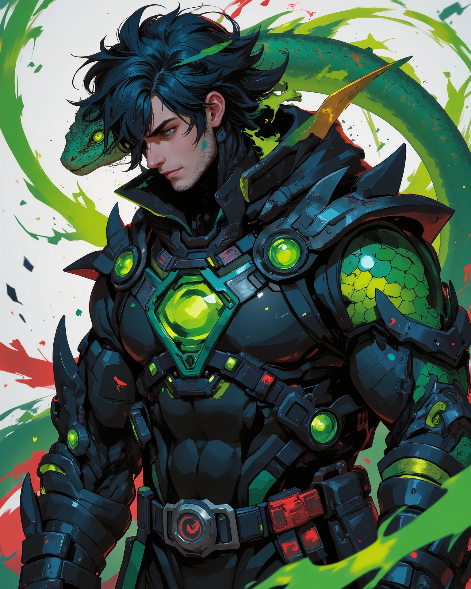 Audacious man. serene face. combat posture. Black suit with claws. Lizard scales by the costume. Variation between colors in the costume: verde, vermelho, roxo. dark blue hair. human face . green eyes. lizard eyes. anime style
