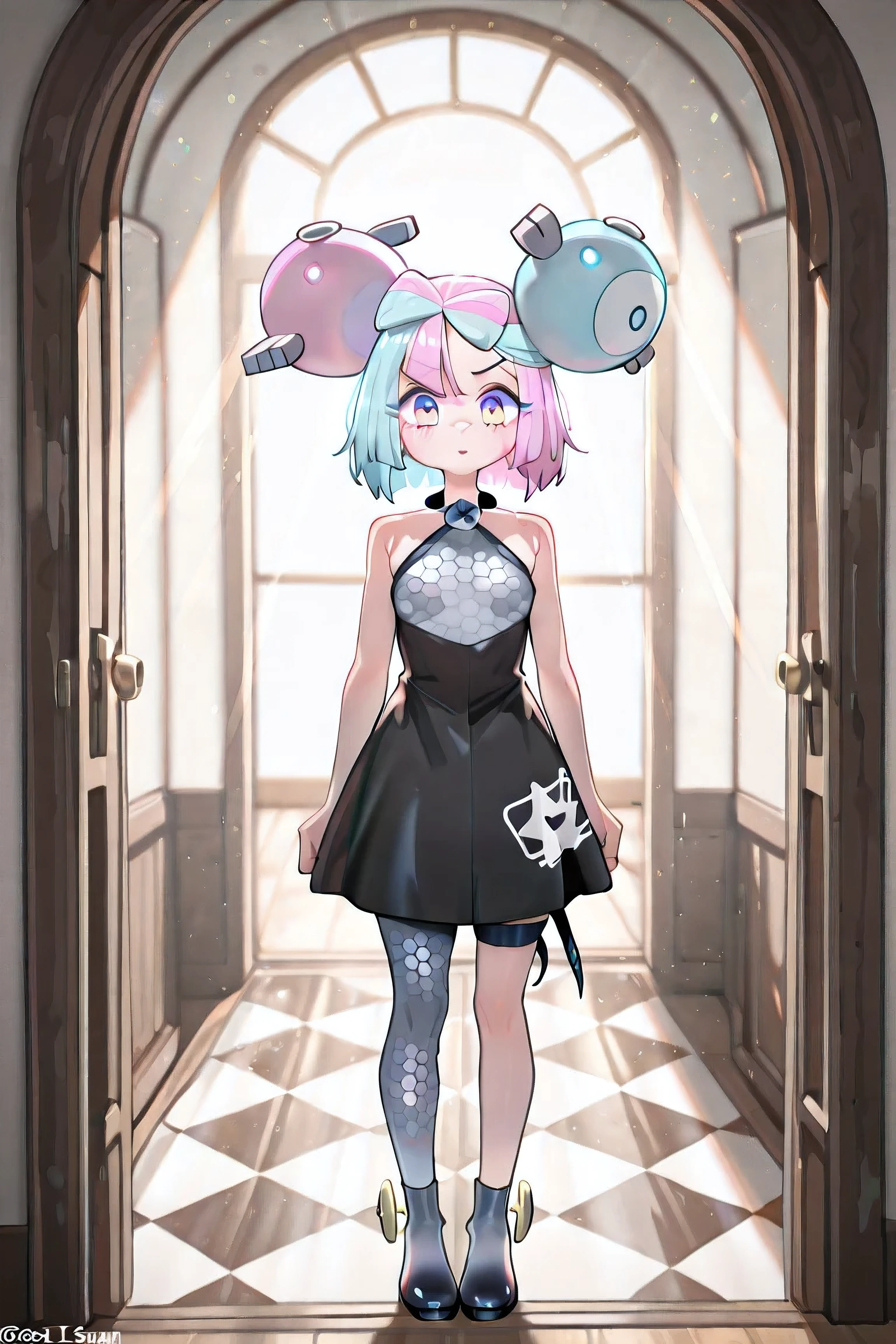Iono (Pokémon Scarlet and Violet), , , ((((Just 1 Iono)))), Small and flat breasts, short hair, bicolor hair, light blue and pink hair, two-toned eyes, pink and blue eyes, (((rays in the irises))), falls, falando, boca aberta, extremely detailed face, anime clothes/jogo, cheomgsam gray checkerboard, short black short, checkered gray pantyhose, black shoes with large screws, extremely detailed clothes, inside the house, standing, Facing the viewer, full body, 4K, Best Quality, obra-prima.