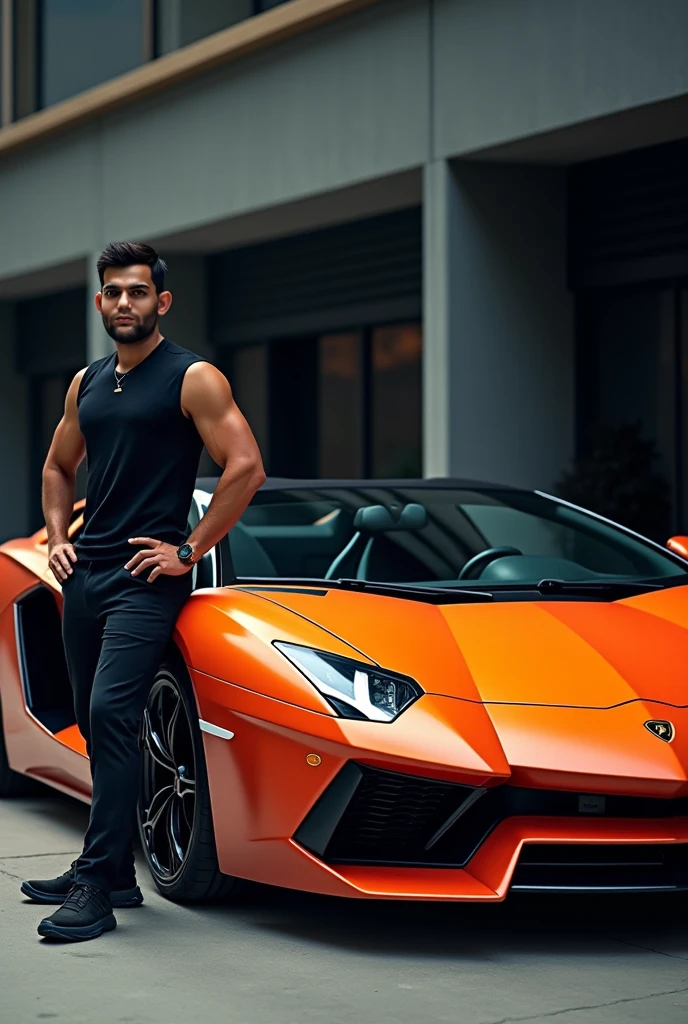 Homem, 19 anos, standingn, displaying iPhone 15pro max in hand, crespo, pele clara,white pants ,suet branca , cabelo curto loiro, bonito, fio de ouro, watch, in front of a black Ferrari, fundo bonito, blue glasses ,Archangel Fernandes tattoo on arms ,muscular