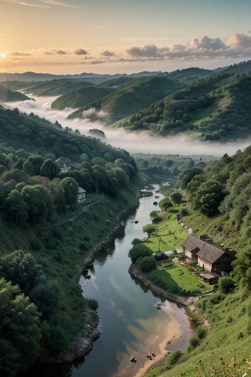 A peaceful village in a lush green valley surrounded by hills - SeaArt AI