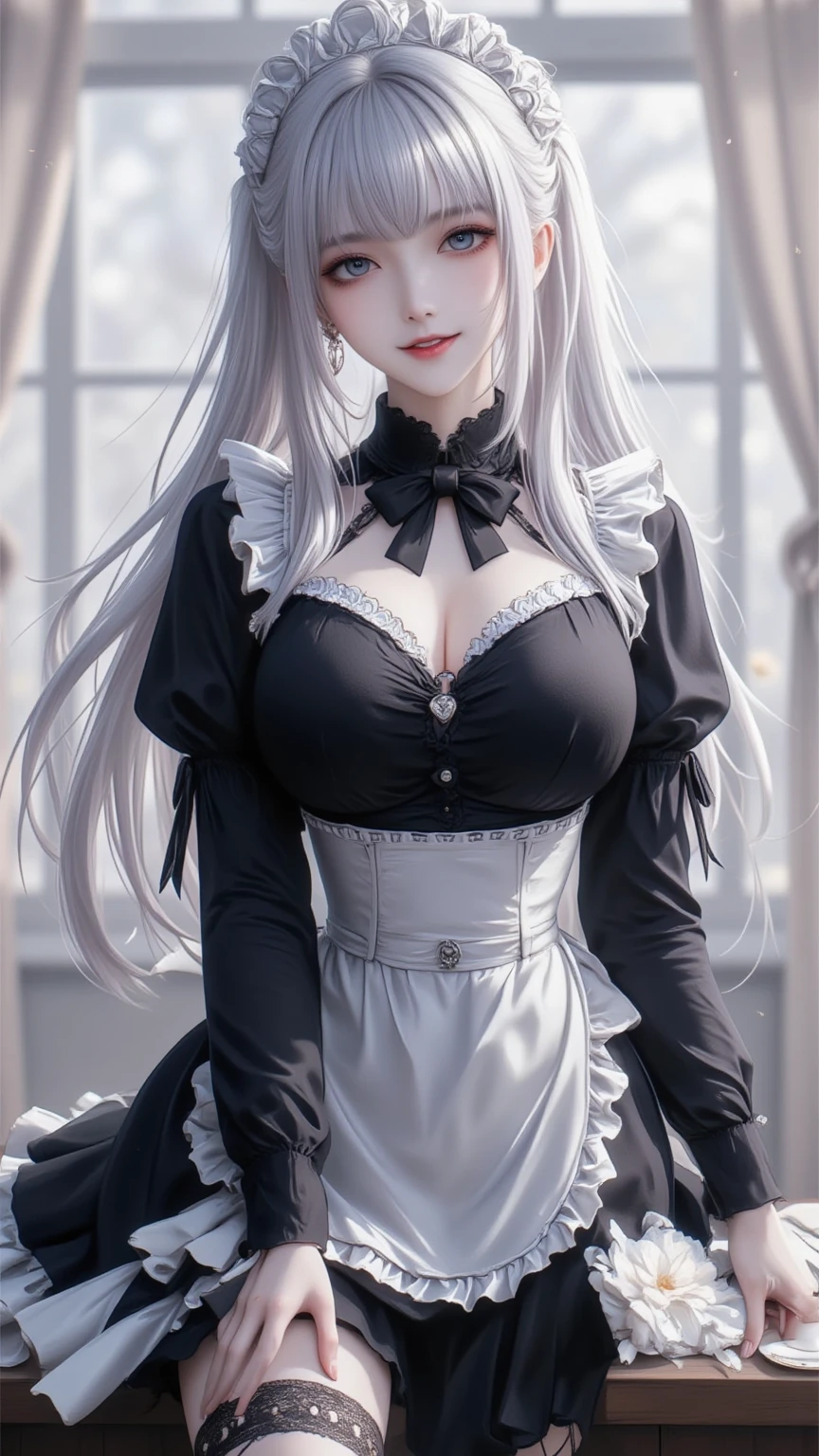 A beautiful woman around 25 years old, with 400-fold silver long hair that reaches down to the knees, a black ribbon tied next to the ear, hair that is neck-length on the sides, beautiful white skin, natural bangs, thin silver eyebrows, red eye in the right eye, a silver three-prong necklace, blue eye in the left eye, a glamorous figure, a blouse with a white collar, a black maid outfit that is open to the chest and has black short sleeves and three tiers of frills that reach the knees, three black ribbons vertically on the maid outfit, black arm covers, white stripes 5cm apart horizontally on the arm covers, the skin on the arms can be seen through the gaps, black long boots that reach up to the knees, two gold lines around the calves of the boots, the style of the demon lord Luminas from That Time I Got Reincarnated as a Slime, high definition, 8k image, background is inside an ice castle, please create an AI image prompt in English within 500 characters.