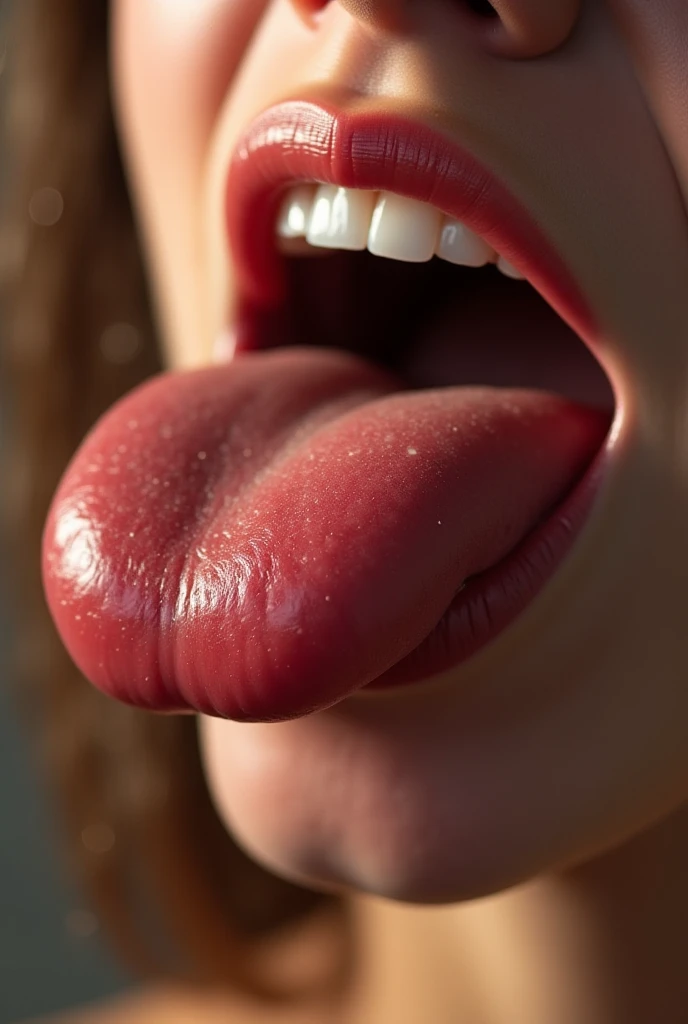 1beautiful girl、17 age、realisitic、((super close up of mouth、Opens mouth wide and shows throat、Smile with mouth wide open))、tongue、長いtongue、tongue out, lip stick
