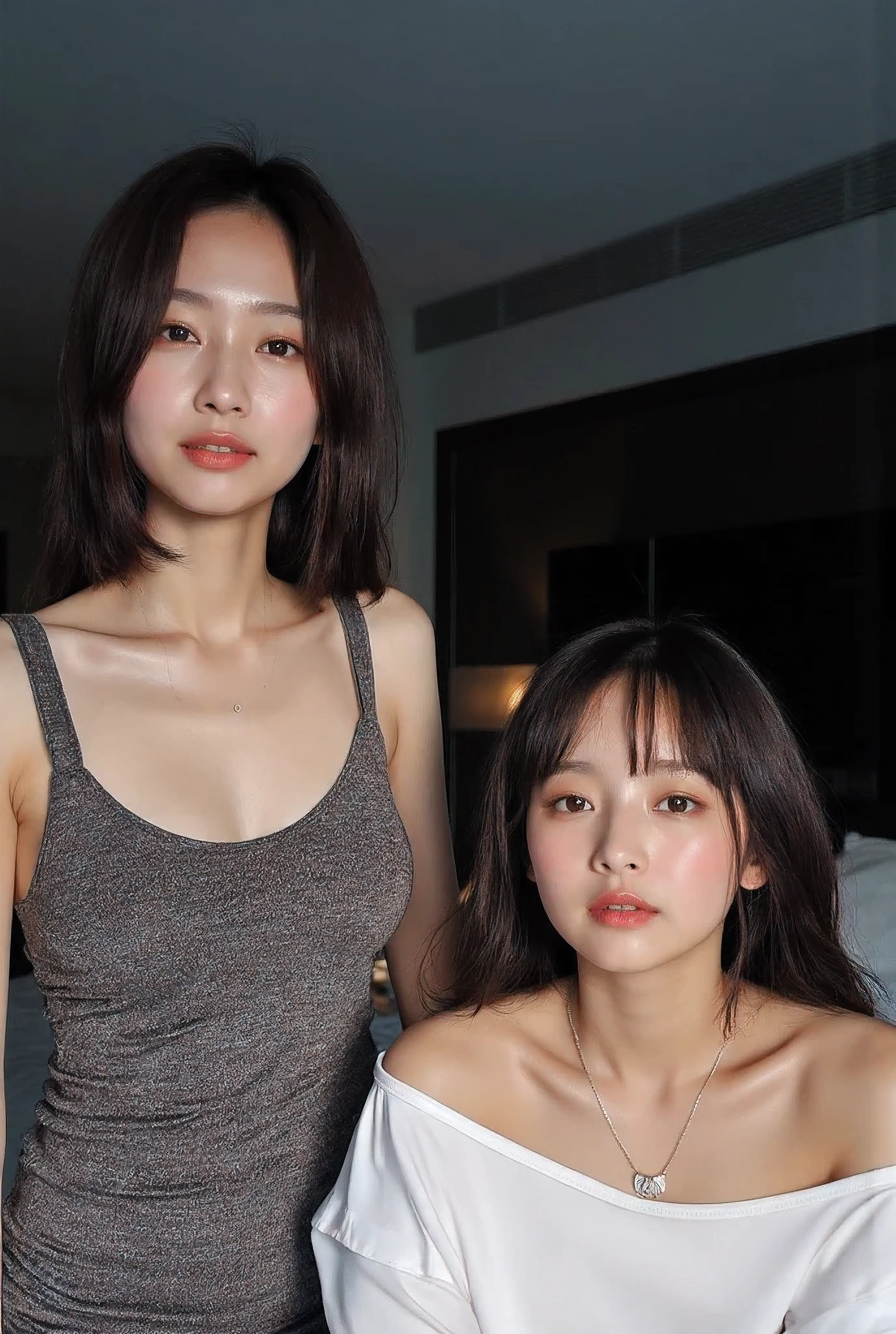 Sexy cute petite 33 year old korean goth wife is resting in my bed with my adorable and innocent like 16-yrs old sexy medium perky breasts young little daughter wearing a long shirt