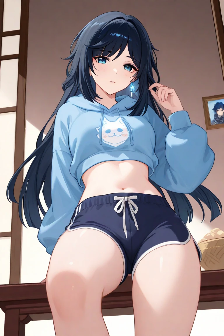indigenous girls, from Brazil, 18 years old, wearing a t-shirt open at the front with a hood, sensualizing, seducing, breasts partially visible, smiling, at home on her bedroom, full body shot, pants casually pulled down to her knees, revealing a glimpse of her legs