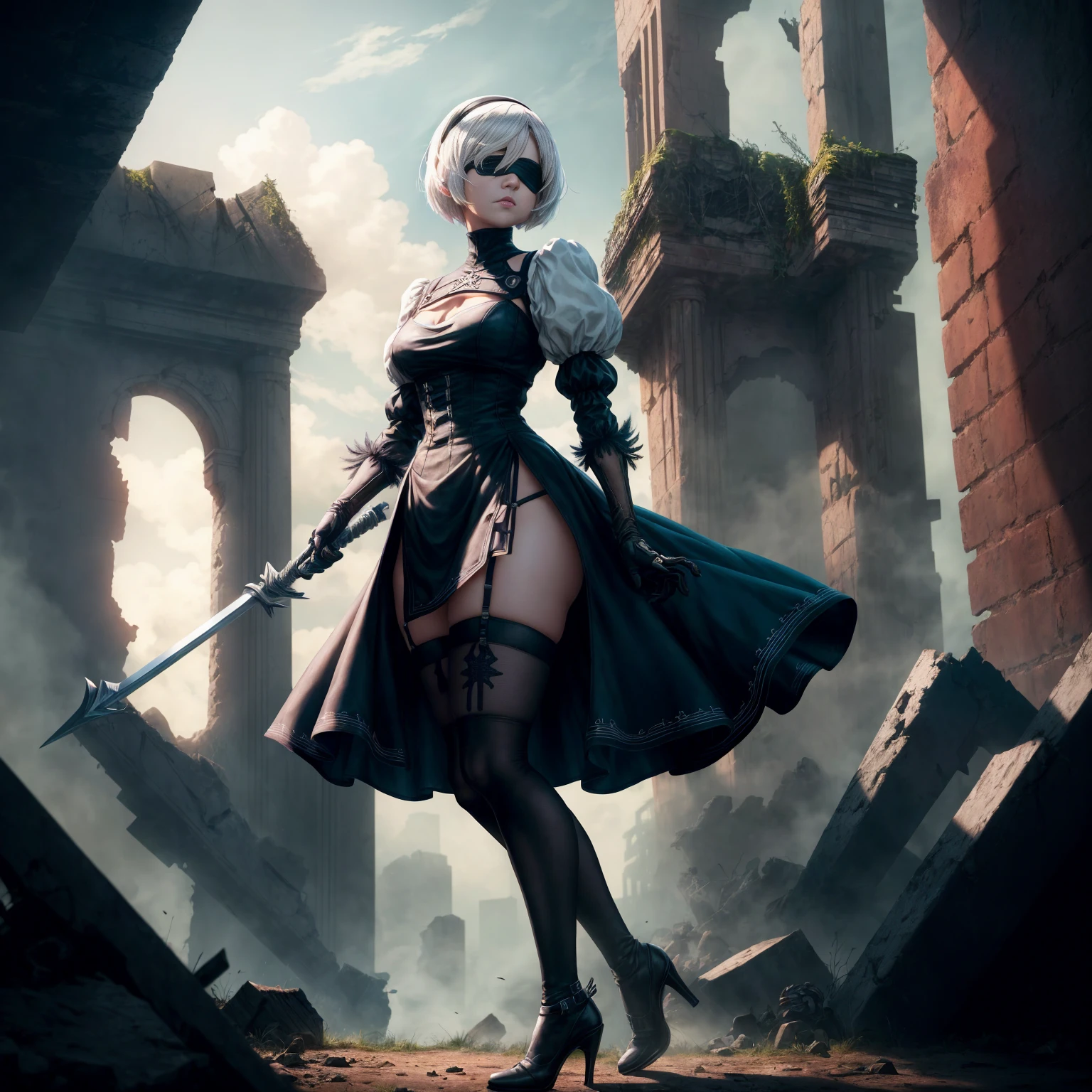 ((best qualityer)), ((work of art)), (very detailled:1.3), 2B in the ruins of a city in the forgotten war, Ancient Technology, Nier-Automata, standing, fully body, brandishing his sword, Looking at the sky, hdr (high-range dynamics), ray tracing, nvidia RTX, super resolution, Irreal 5, underground dispersal, PBR Texture, Post-processing, Anisotropic filtering, Depth of field, Maximum sharpness and sharpness, multi-layered texture, albedo and highlight maps, Surface shading, Accurate simulation of interactions between light materials, perfect proportions, octane rendering, duotone lighting, Low ISO, White balance, rule of thirds, large aperture, 8K CRU, efficient sub-pixels, subpixel convolution, Luminescent particles, light scattering, Tyndall effect