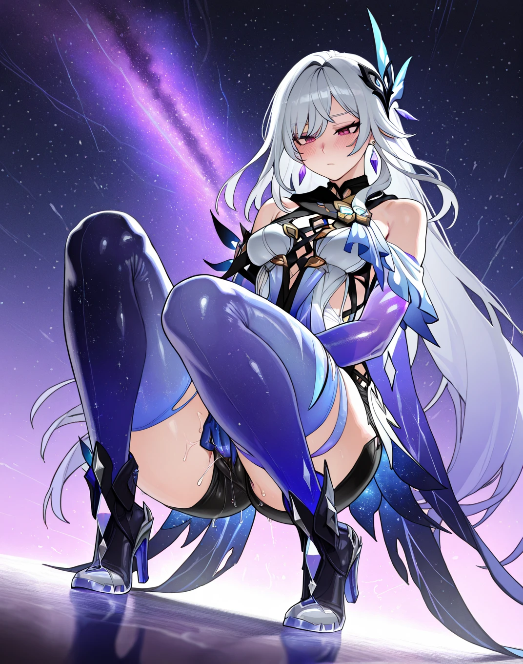 ((1girl, solo)), masterpiece, best quality, zoom out, full body view, white hair, blue eyes, looking into the viewer, kiana \ (honkai impact 3), nsfw, nude