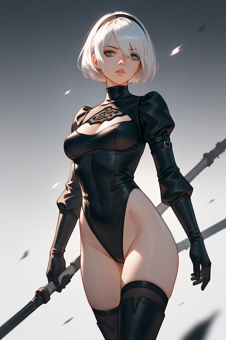 Best Quality, 2B Nier Automata, mole under the mouth on the left side, bunny bodysuit with backless design and zipper, Whole body, without underwear or briefs, sex clothes and, on the beach, Wide hips, view from below between the legs. Katana Enel ass,