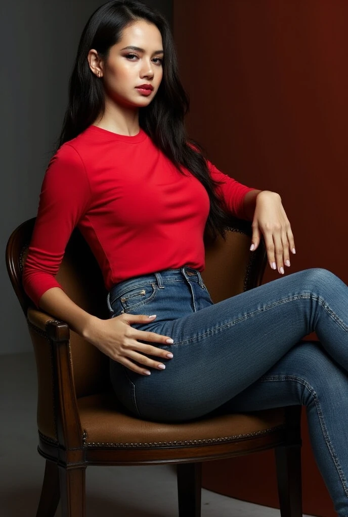 (RAW shooting, Photoreal:1.5, 8k, highest quality, masterpiece, ultra high resolution), perfect dynamic composition:1.2, Highly detailed skin and facial textures:1.2, 1girl:1,red top:2, caucasian:1,Glamourous female, beautiful and aesthetic:1.2, sexy beauty, perfect style, belief, Strong-willed, revenge, Fair skin, very beautiful face, (large breast:1.4, Chest gap:1.4), (beautiful eyes, Eyes that feel beautiful eros:1.0), (Too erotic:0.9, Bewitching:0.9), (full body photo:2), (perfect limbs:1.2), (perfect fingers:1.2),(earrings,necklace,perfect thigh,make up,, skinny jeans:2, denim pants:2,sleeveless:1.4, shoes,single braid,brown hair,belt:2,stretching),(simple background:1),(((sitting))),
