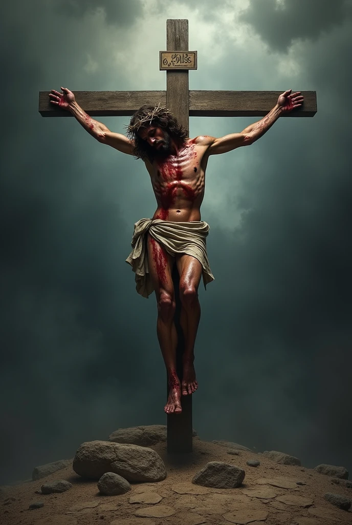 ((masterpiece, top quality, super definition, Jesus Christ, Cross, blood, crucifixion, agony, sacrifice, holy, dark backdrop