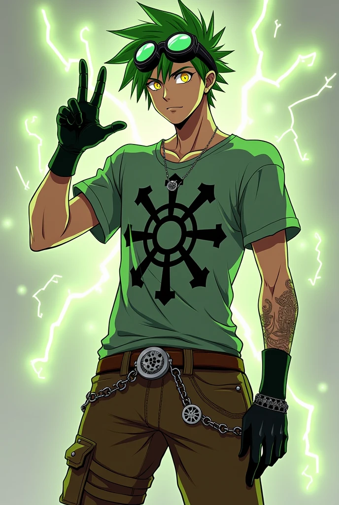 PonyXLV6_Scores, BREAK green theme, 1boy, male focus, Lawrence_Shoggoth, Beetlejuice, Beetlejuice, Beetlejuice, male_focus, solo, heterochromia, gradient_hair, multicolored_hair, dirty_face, scars, short_hair, fluffy_hair, jewelry, open_clothes, jacket, necklace, open_jacket, black_jacket, shirt, crop_top, tattoo, pendant, leather, leather_jacket, looking_at_viewer, wide_grin, open_mouth, neon lighting, side lighting, outdoors, forest, Glowing, Glow-In-The-Dark, Electroluminescence, Carbon Nanotubes, Carbon Fiber, Chain-link Fence, Metallic