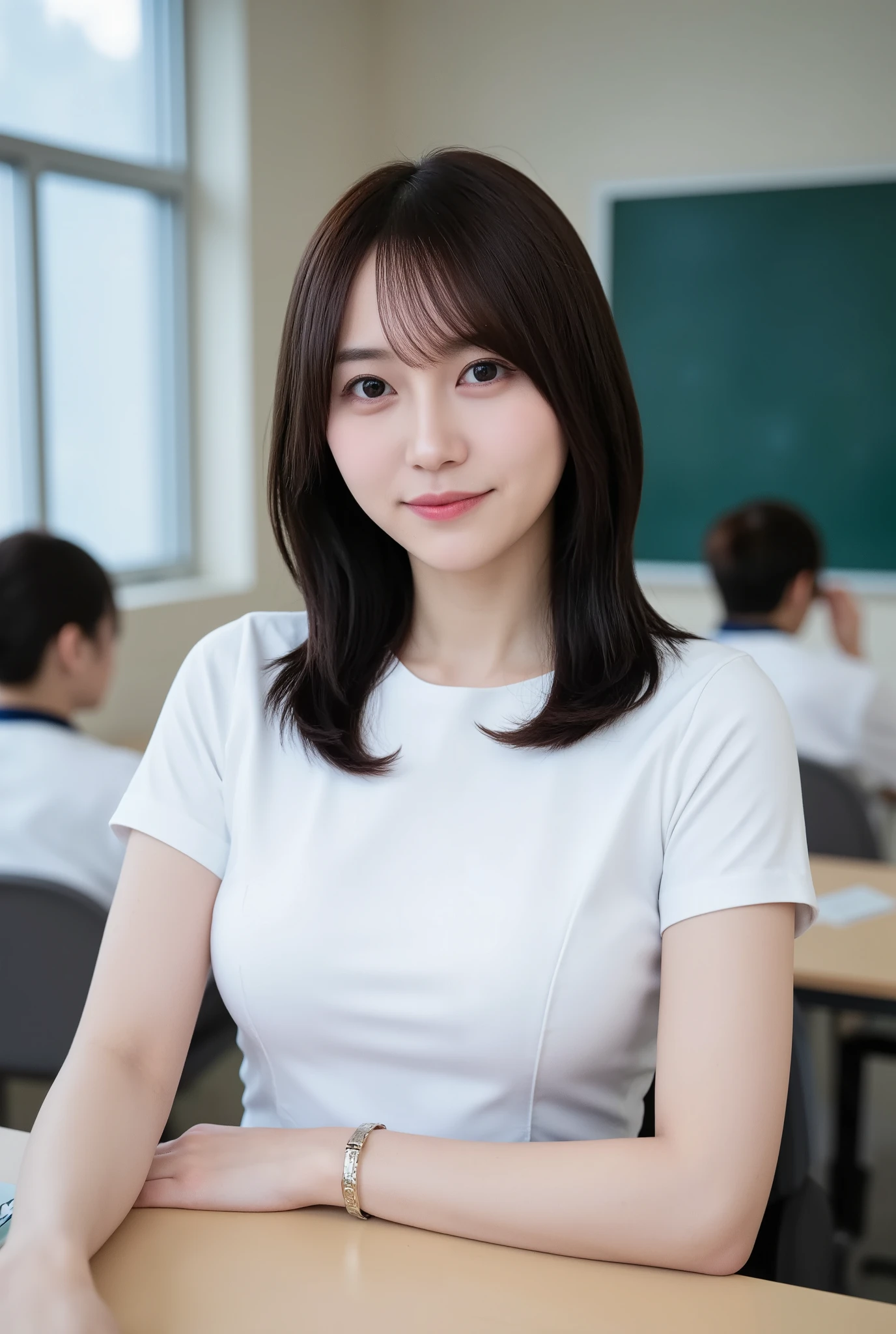 (mature adult woman wearing a leotard1By people),beautiful black hair,(((short bob hair))),With bangs,((Short Hair)), realistic person images in dark waters,Realism,Best Quality,mastepeice,Best Quality,best image quality,highest resolution,fine details,Beautiful detailed face,black eyes,((realistic skin)),detailed background,( Exact Upper Body),(perfect upper body),(upper body),((Realismのある肌)),(smiles),(((super big ))),(((((She is wearing a student uniform and))))),((((In the school classroom)))),((((Large breasts))),((((((I'm going to sit on a chair and stare at me))))),(((interior))),(((is wearing a white cutter shirt))),