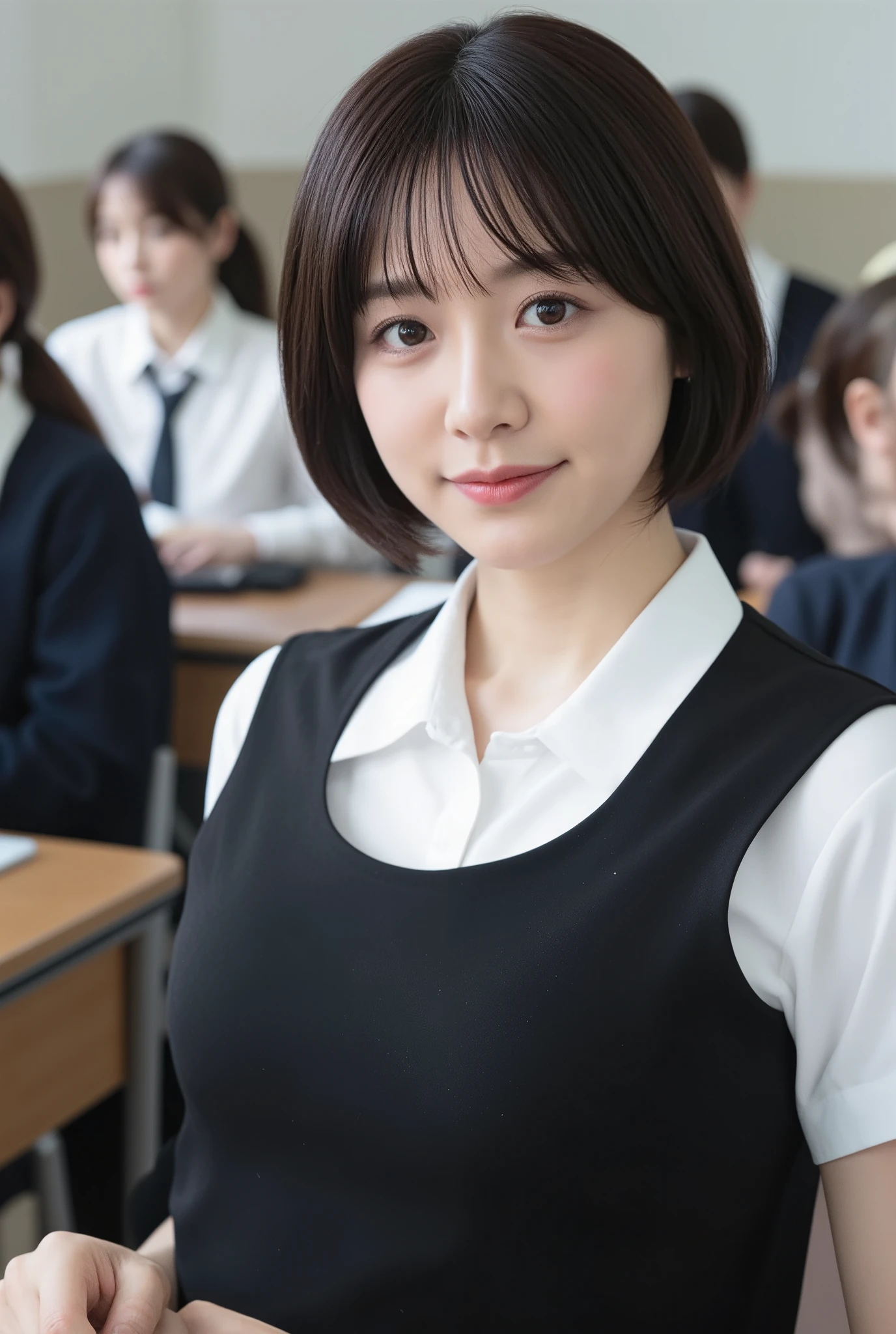 (mature adult woman wearing a leotard1By people),beautiful black hair,(((short bob hair))),With bangs,((Short Hair)), realistic person images in dark waters,Realism,Best Quality,mastepeice,Best Quality,best image quality,highest resolution,fine details,Beautiful detailed face,black eyes,((realistic skin)),detailed background,( Exact Upper Body),(perfect upper body),(upper body),((Realismのある肌)),(smiles),(((super big ))),(((((She is wearing a student uniform and))))),((((In the school classroom)))),((((Large breasts))),((((((I'm going to sit on a chair and stare at me))))),(((interior))),(((is wearing a white cutter shirt))),