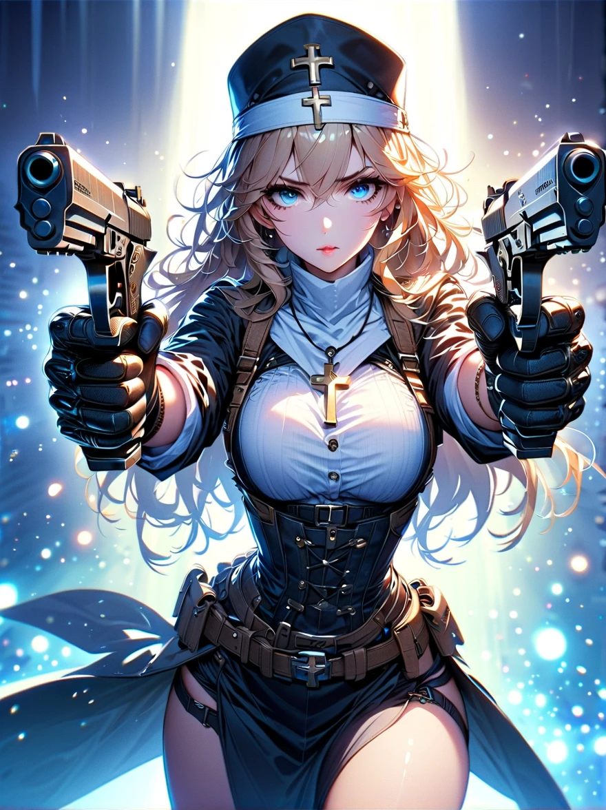 (Perfect Anatomy)、Mastepiece、Ultra High Quality、 8K、Photorealistic、masterpiece、highest quality、Ultra-high resolution、Maximum resolution、Very detailed、Professional Lighting、anime、Adult female、thin、so beautiful、Nuns、Sister Costume、Garter Stockings、Equipped with a handgun、両手にEquipped with a handgun、Blue eyes、Blonde、Drill Hair、Curly Hair、Earrings、Fingerless gloves、High heels、upright