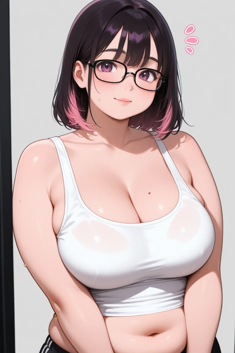1 milf, ponytail hair, smiling, wearing a white tank top, wearing glasses, peeking out from behind the wall, white background