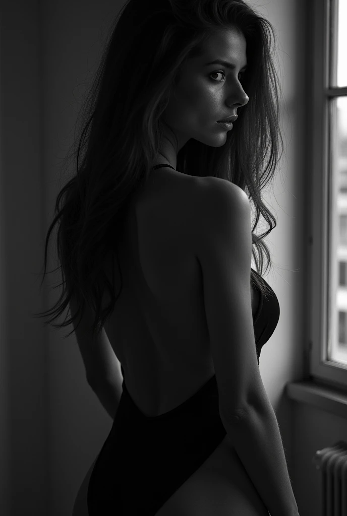 Unposed RAW Photo, An intimate black and white photograph capturing the natural beauty and vulnerability of a young woman with long hair, revealing a deep connection with the human form and an exploration of the intersection between innocence and sensuality., displaying a nuanced interplay of light and shadow, creating a timeless and evocative quality that invites viewers to reflect on the complexities of identity, self-acceptance, and the changing nature of human relationships, in the style of Jock Sturgess, (captured on a Deardorff 8x10), Monochrome,