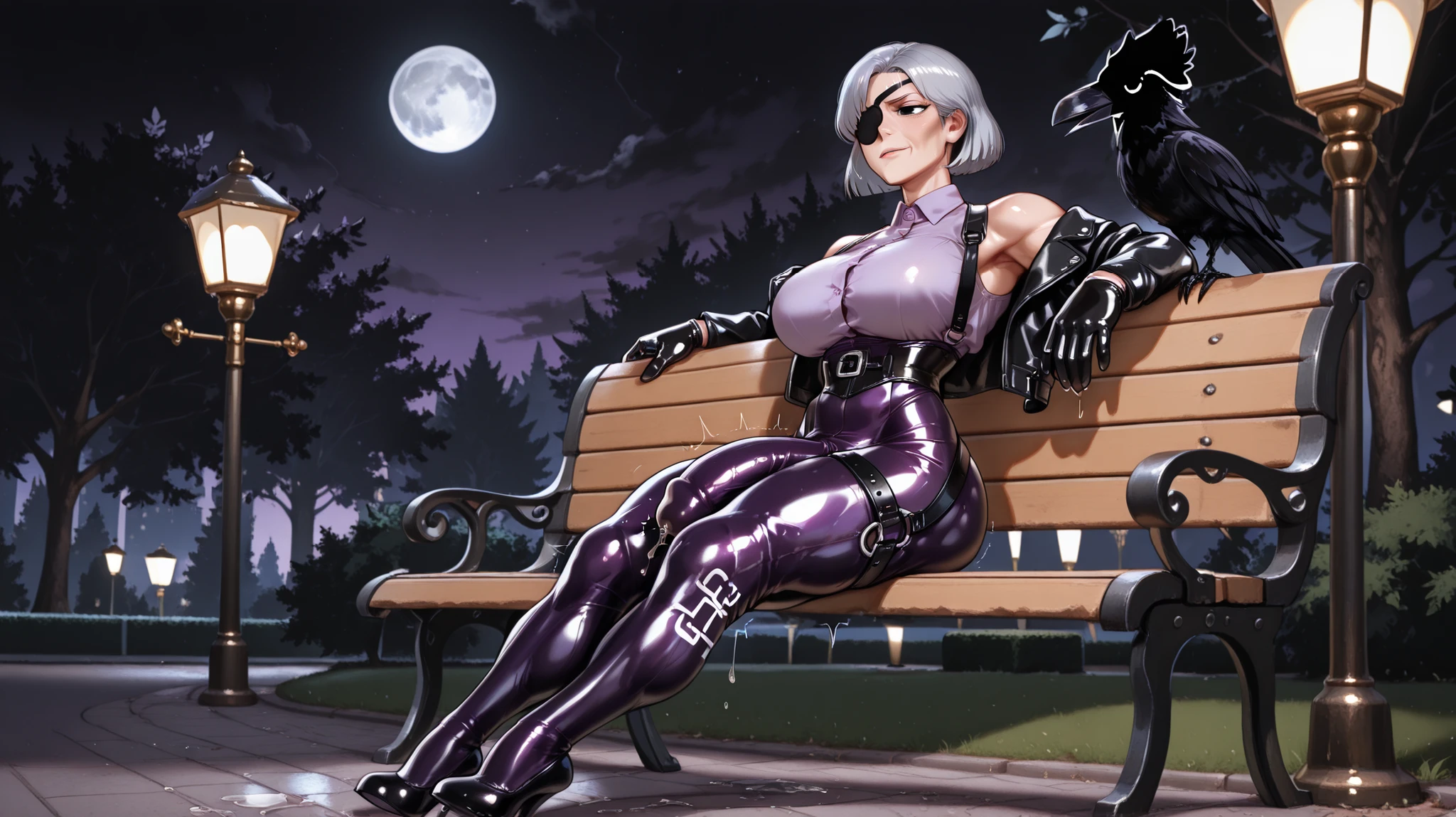 1Woman, oldwoman, 60 years old, short hair, silver hair, chanel style hair, (black)eye patch, giant breats, GGG size breasts, slim waist, thick thighs, goliath bulge (soft), precum, venus body, muscle, purple dress shirt, black corset(with straps), latex gloves(shine latex Extra Short), black jacket(crow feathers details), jacket on the shoulders, black pants, latex pants (with straps), high heels, nordic belt, silver details, crows no shoulders, full body view, in the night, sitting on (park bench), park background, moon ilumination, lamp posts, trees, 4k, ultra resolution.