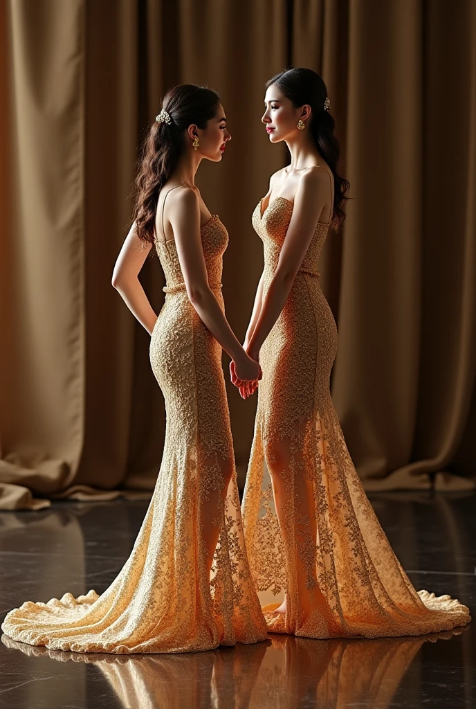 Two girls,  friends group,  (yallow long dress, highly detailed and realistic dress, realistic nature, curvaceous and  body) [exquisite brushwork, stunning colors, soft lighting, serene atmosphere], (((big ass)))