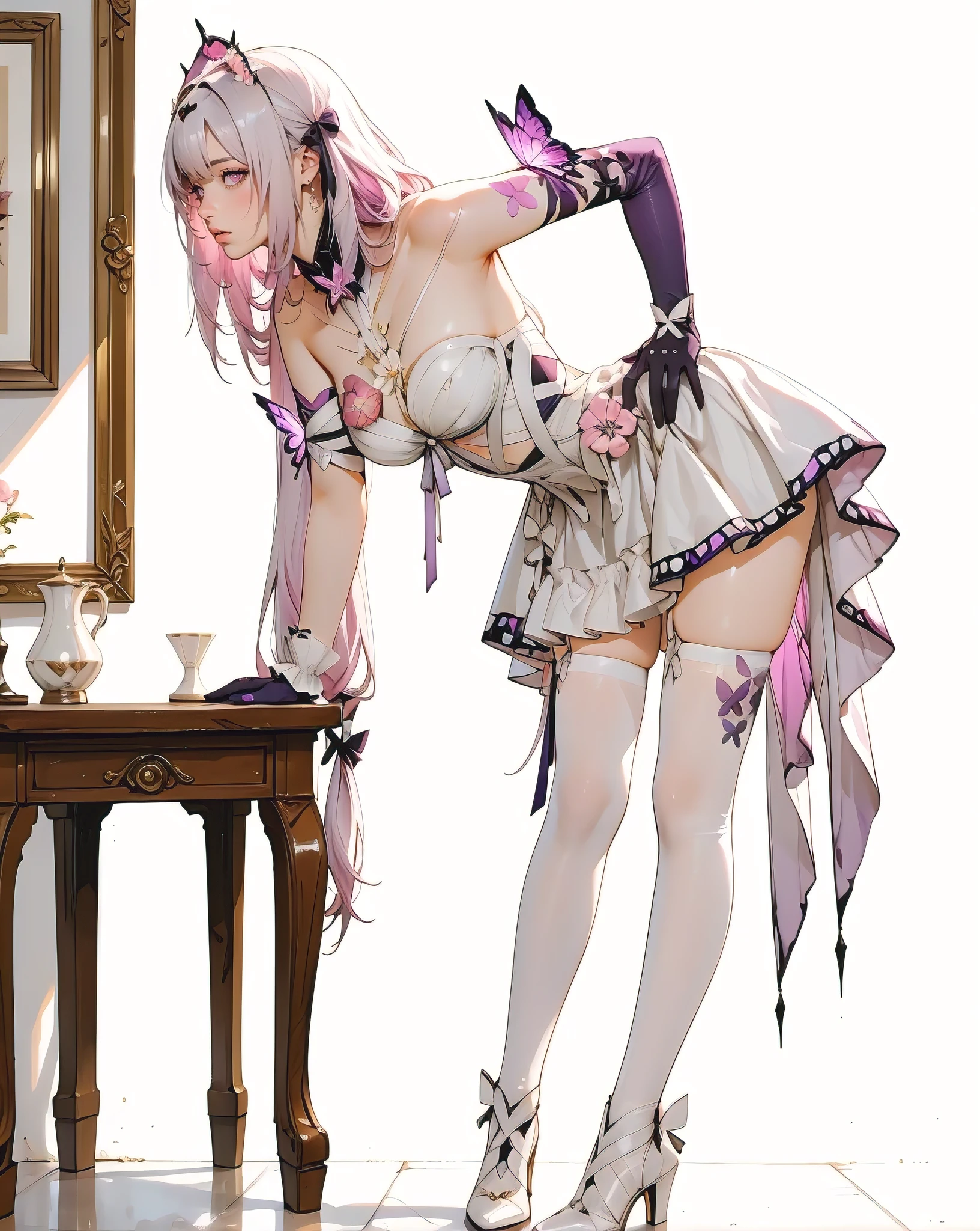 one-girl，Full body in camera，full bodyesbian，D cup，huge tit,（tmasterpiece），（best qualtiy），（A pink-haired，long whitr hair：2，White flower decoration，White hairpin），（White suspender stockings，Suspenders，over knee socks，Full body pantyhose），（White silk bandeau，Silk cheongsam），Bare back，Shoulders exposed，Chest exposure，（panties are visible：1.5，White panties，Silk panties），鎖骨，（Hold your cheeks with your hands，tilts your head），（cuteexpression，ssmile，Playful），（Be red in the face，putting makeup on， Blushlush），（Black heels，Pink cherry blossom decoration），（Light red carpet，Golden decoration），SakuraNS， the night，alleys，have to pee，Pee，pissing，Pee yourself，Pink streamers，Top lighting，16k，High- sharpness，high qulity，wide wide shot，Bright colors，Exquisite hand details，Exquisitehands