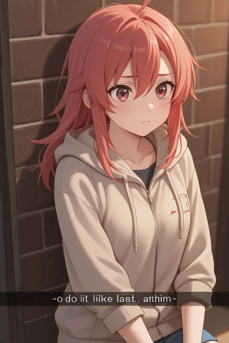 1 girl, hdr, ikuyo kita, red hair, one side up, long hair, green eyes, hoodie, pink hoodie, long sleeves, brown skirt, plaid skirt, bike shorts, standing, open mouth, looking at viewers, background room, bike shorts under skirt,