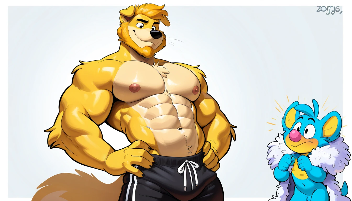 Alone, male (((retriever, looking nervous, spongy, muscular, Pecs, Blue eyes, pink nipples, yellow body, black nose, cola, big butt, purple striped High thighs, High thighs))) bedroom, session (male focus) decolaed hands, decolaed eyes, take off makes, decolaed arms, take off bulge, decolaed ears, decolaed High thighs, big underpants, blue underpants, by agreement