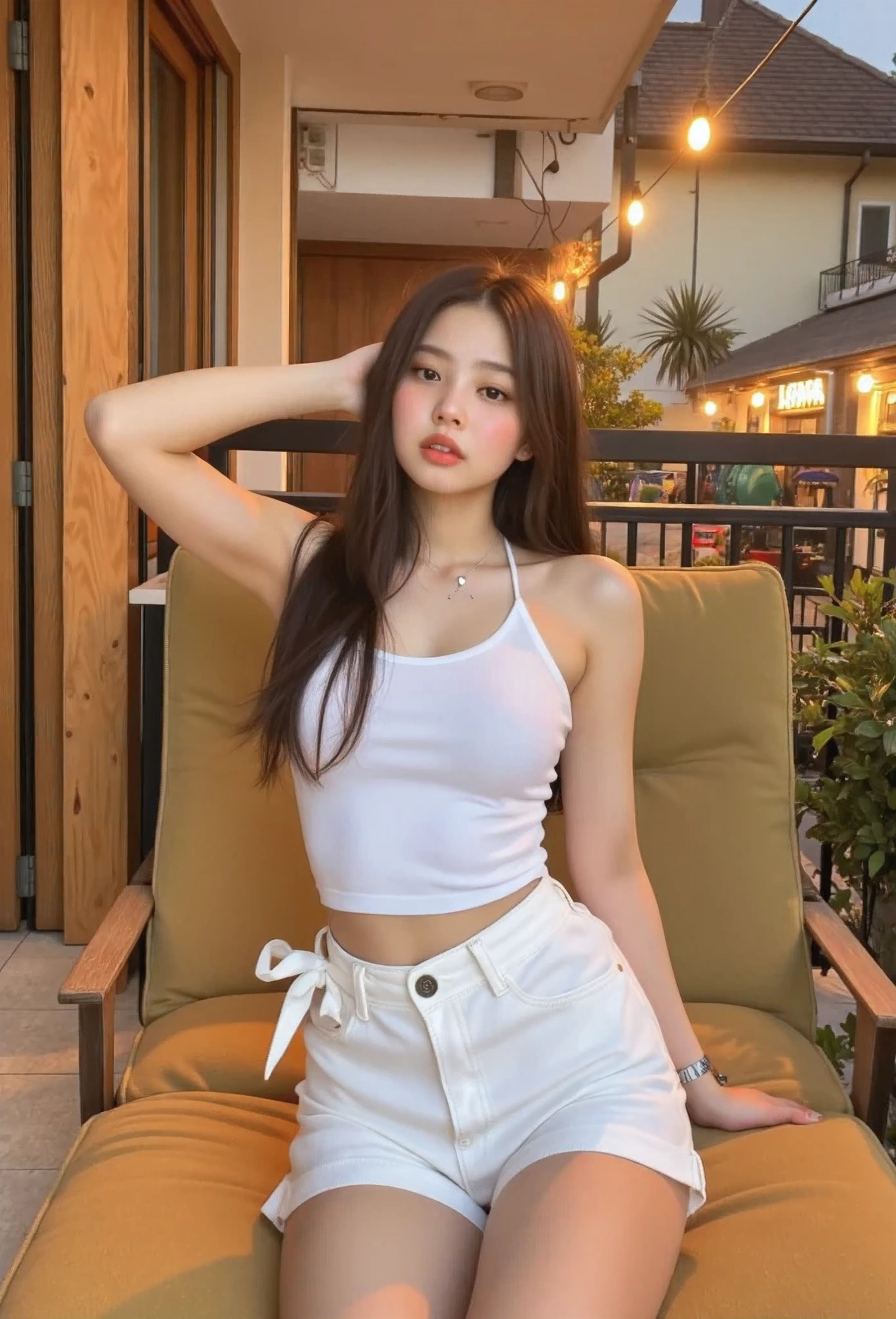 Tween goth Korean girl taking a selfie, Wearing comfy cotton shorts and loose halter top, Amber autumn sunset, a young korean-Filipina tween girl, appears to be aged 14, weight 40kg, long hair, light skin,good quality, Sexy photo of a girl sitting on the outdoor couch at the veranda at her cozy and inviting countryside home, Suburban setting with view of houses and shops from the veranda, trees stores and houses and shops are visible in the photo, Nikon Z8 + NIKKOR Z 24-120 mm f/4 S, realistic,life-like skin texture,symmetrical,aesthetically pleasing,cinematic composition,detailed portrait,photorealistic,masterpiece,ultra-detailed,sharp focus,physically-based rendering,extreme detail description,professional,vivid colors,high resolution,4K,studio lighting,dramatic lighting,dramatic shadows,dramatic atmosphere,dramatic background,dramatic pose,cinematic framing,cinematic lighting,cinematic camera angle,cinematic depth of field,moody,dark,chiaroscuro,dramatic color palette,dark and moody,dramatic colors, cozy cotton pants, Metro Manila philippines, relaxed and chill evening
