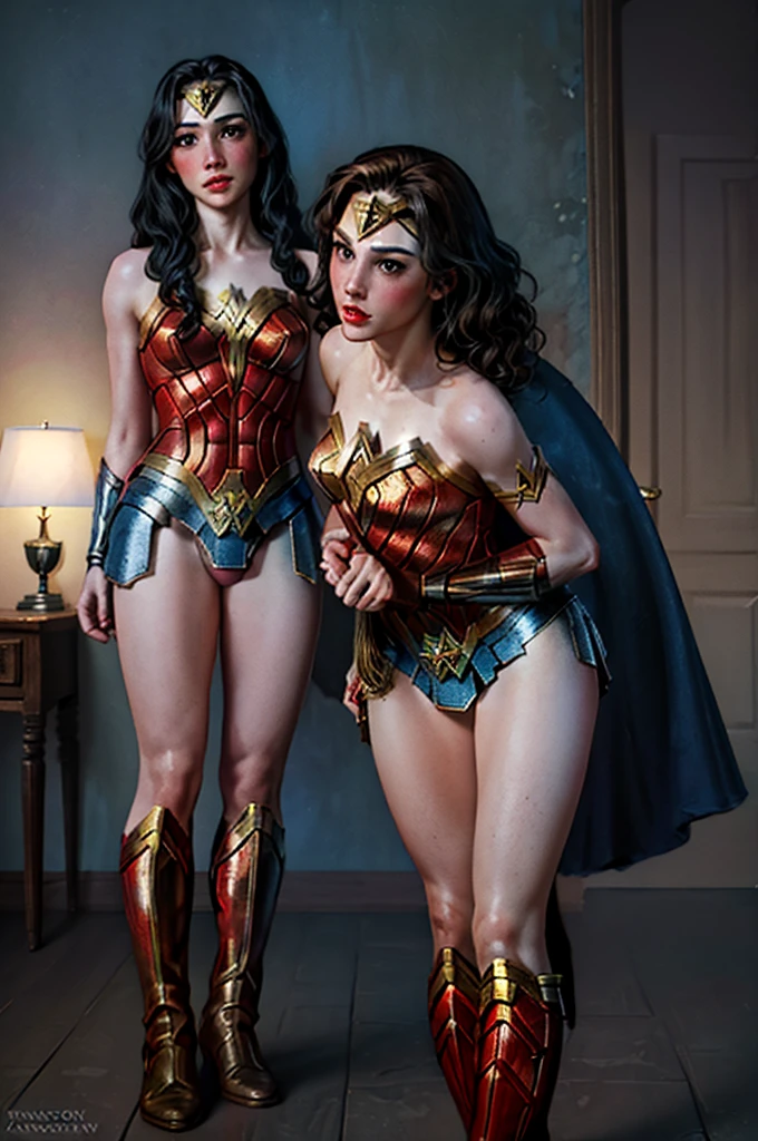 a fit woman in bodysuit, large breast,  realistic, detailed, hyperrealistic, Hero pose, 1girl, high detailed, 8k, cameltoe, , , wonder woman, gal gadot, (full body:1.5)