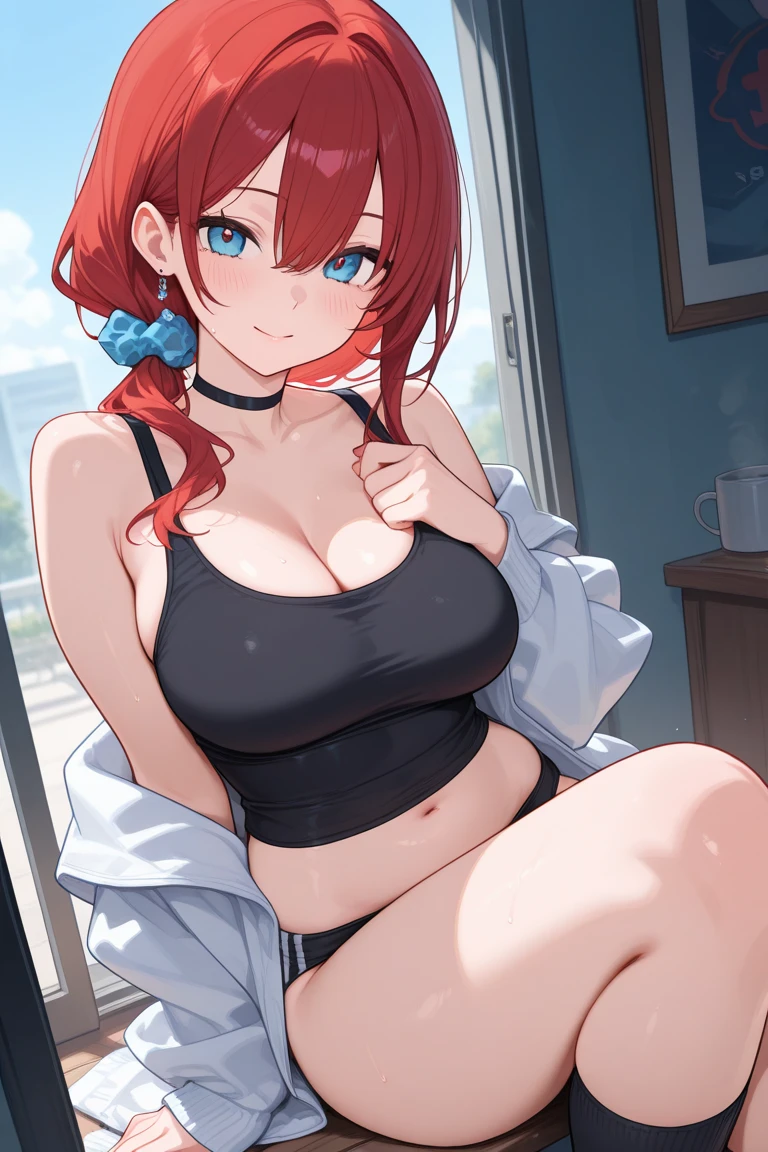 The upper part of the body、an oil painting、masterpiece、top-quality、hight resolution、Red hair、I'm running a marathon、Tired hands on your knees、cleavage of the breast、Black bloomers、distressed face、Sweaty skin、school ground、blue-sky、tiny chest、Light blue underwear