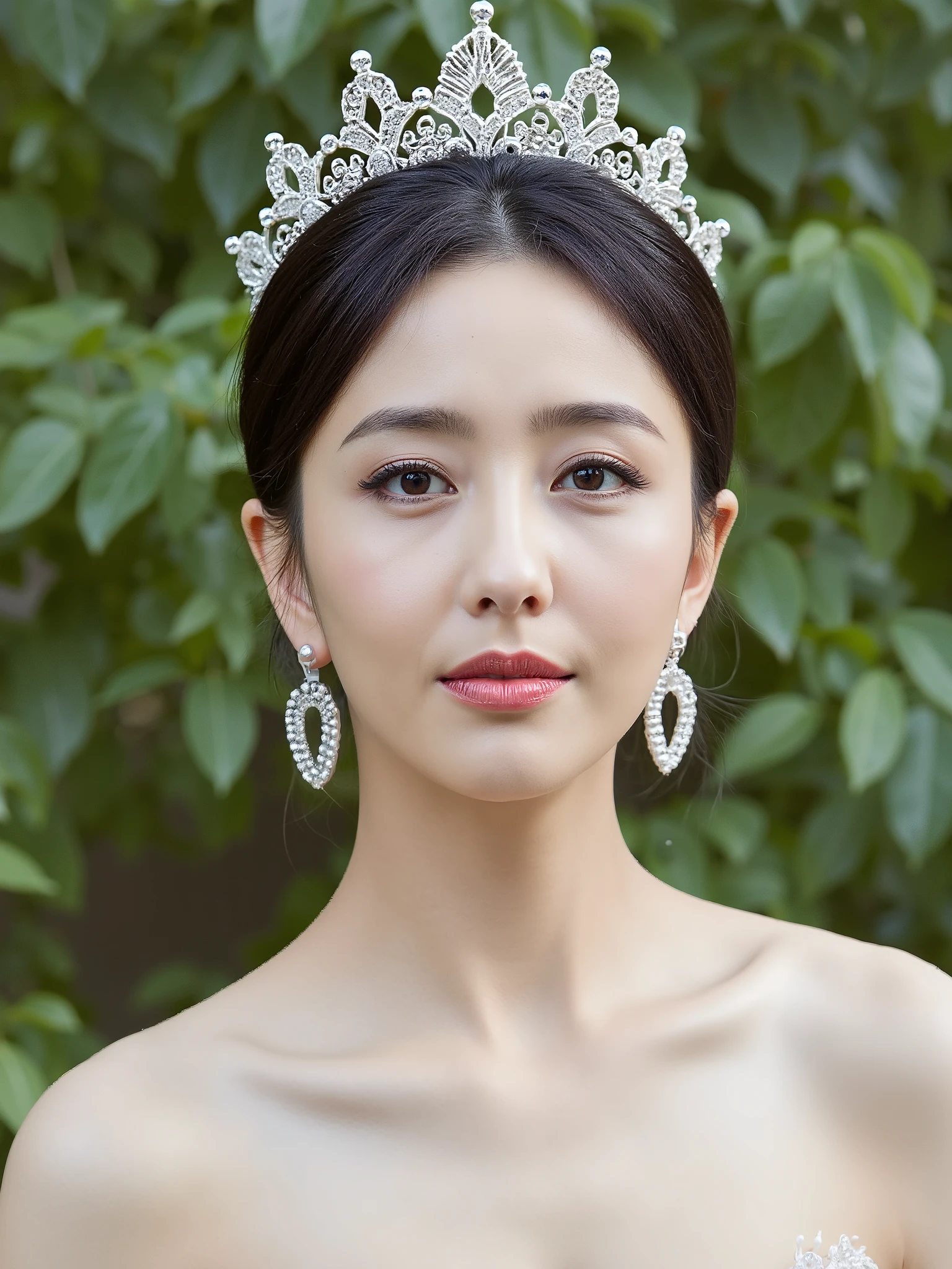Remove Background, gravure printing, side of the forest, Wearing a crown, From the chest up, masterpiece, Best Quality, super detailed, realistic, super fine skin, Perfect Anatomy, ( 1 mature Japanese woman), (alone), 35 years old, Big Breasts, mature women, charm, sexy, white skin, watching the audience