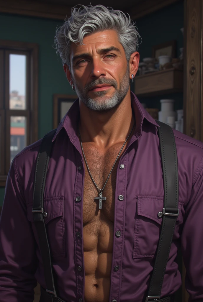 Homem de 47 anos, barba um pouco grisalha, cabelos castanhos e cortado nas laterais e cacheado em cima e no topete, He has hair on his arms and chest, olhos castanhos claros e sobrancelhas assanho escuros