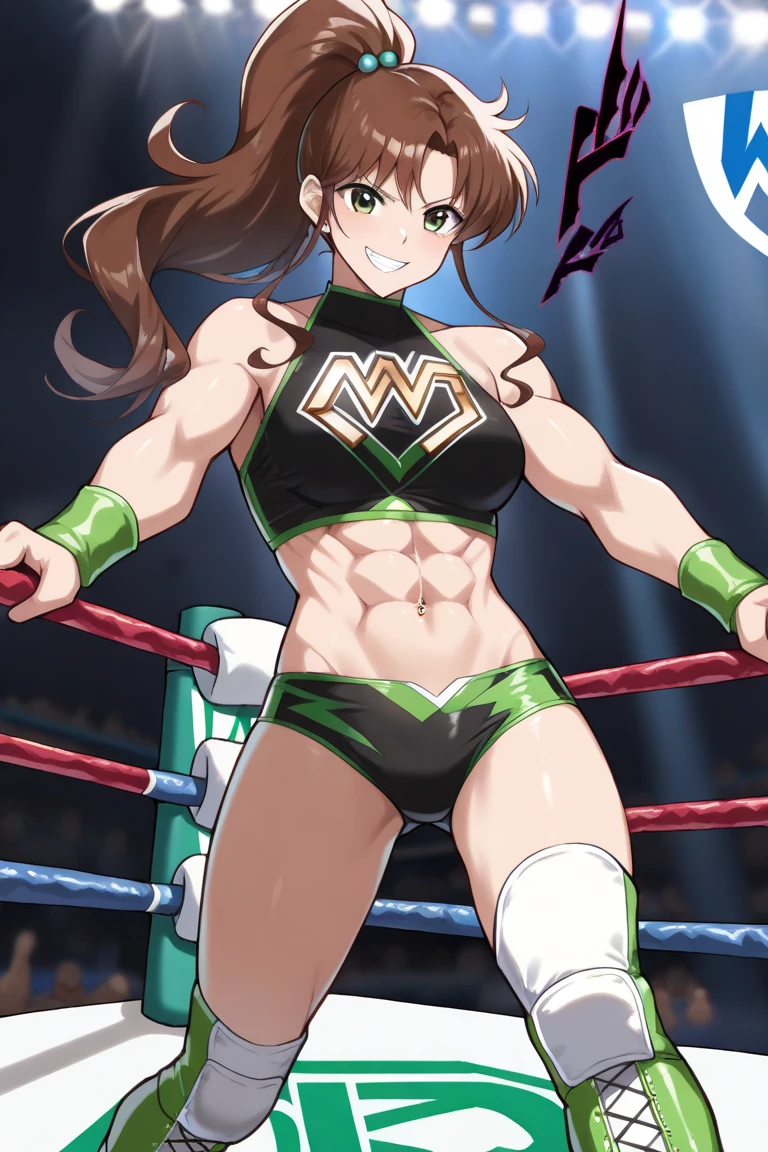 hug, Elegant lady, (upper body only), anime style: 1.8, anime drawing, ultra detailed face, ultra detailed body, 4k, Sumergai Lee Noriega, (standing), best quality, anime style, hires, highest definition, digital blending, bold drawing lines, ((wwe diva), (location: wrestling arena, crowds watching), ( slim body, (little biceps), , off-shoulders, closed fists, (curvy: 2.8)), ((g-string bikini, only, white gloves, collar, armpit protector, chaps)), victorious, winner, gentle, (pale skin, shiny skin, very big breasts, smile), (big eyes, brown eyes), (clapping), (brown hair, loose hair, curly hair, wavy hair, long hair, missy hair), 27 years old,