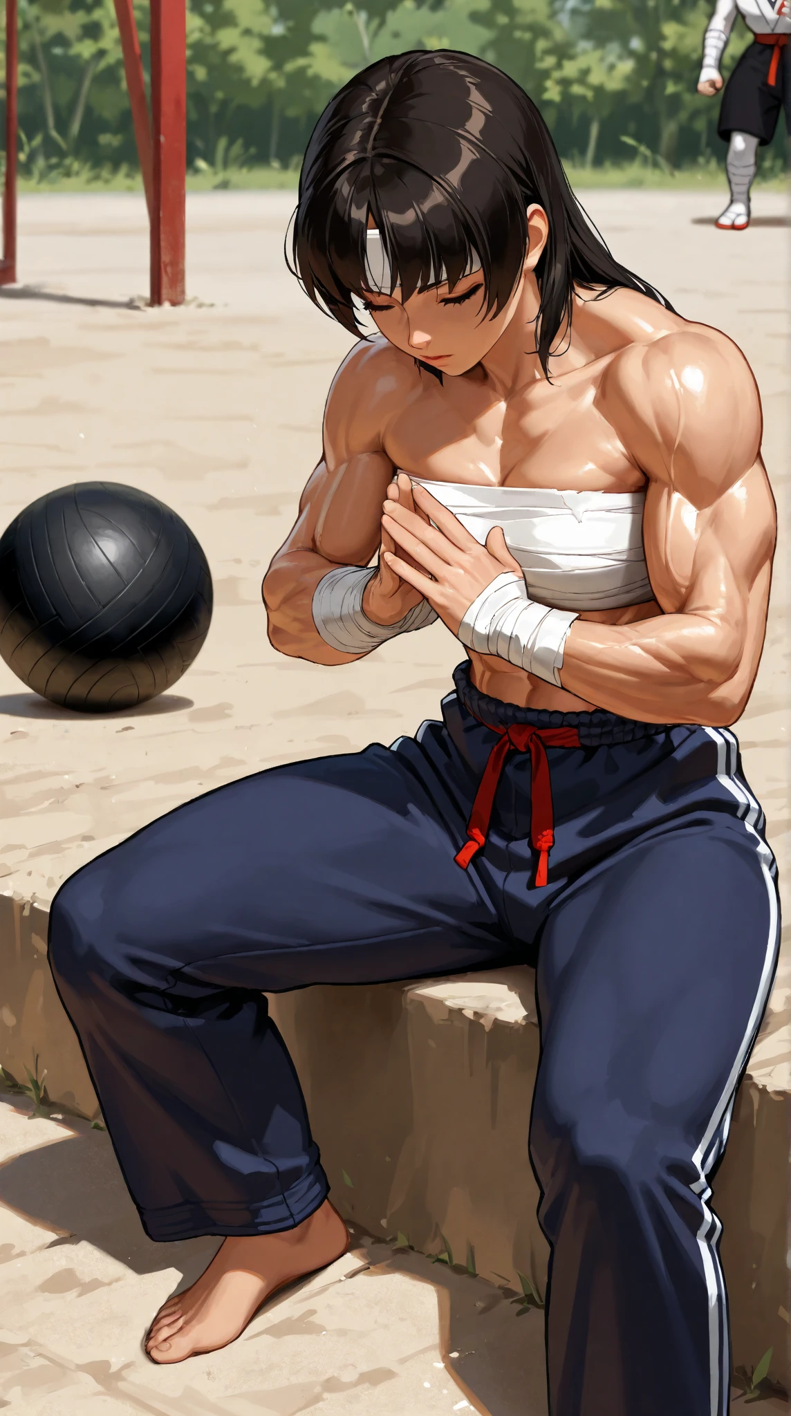 Women, martial artist, very burly body, muscular body,  bandages, gym pants, Naked, barefoot, very detailed body, very detailed face, meditating, outdoor, resolution 8k