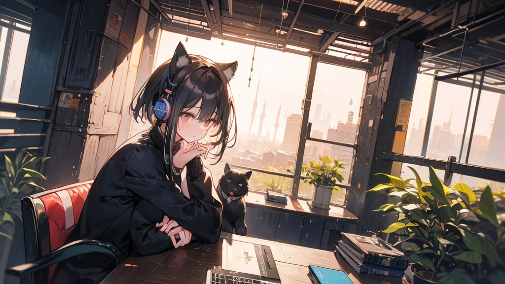 masterpiece、high resolution 8k、NSFW、sharp focus、contrast lighting、A woman with long black hair sits at a record turntable, resting her chin on her hand. She wears large headphones around her neck. Her gaze is focused and contemplative. Behind her, a black cat is perched on a couch, looking towards her. The room has a cozy atmosphere, with a green potted plant in the background.