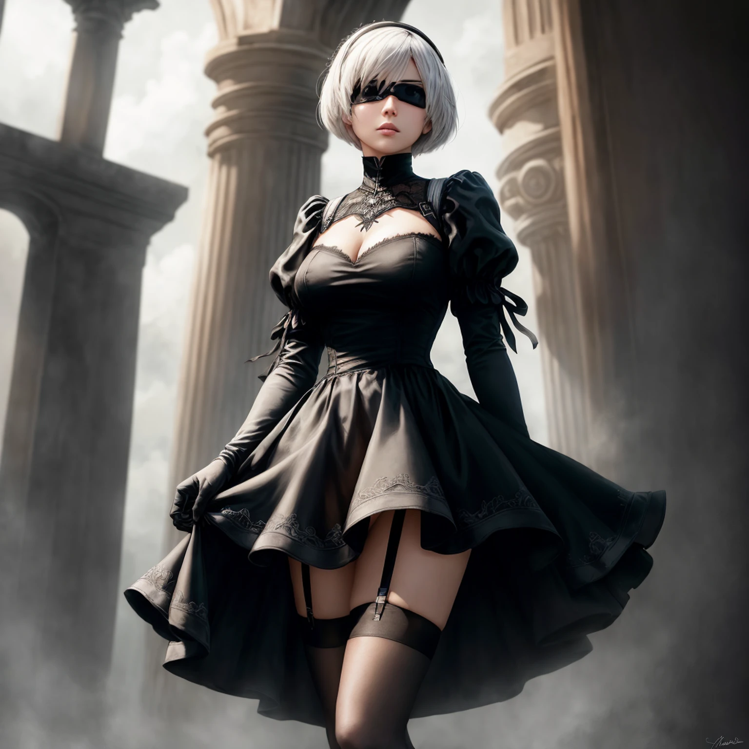 1 girl, solo, ((yorha_no._2_type_b)), (black blindfold), realistic, , ((silver hair)), ((masterpiece)), gothic lolita fashion, Knee-high boots, apocalyptic ruin in the background, fighting stance, dynamic motion, motion lines, dynamic angle, battle, wind, fighting, holding long Japanese katana in right hand,