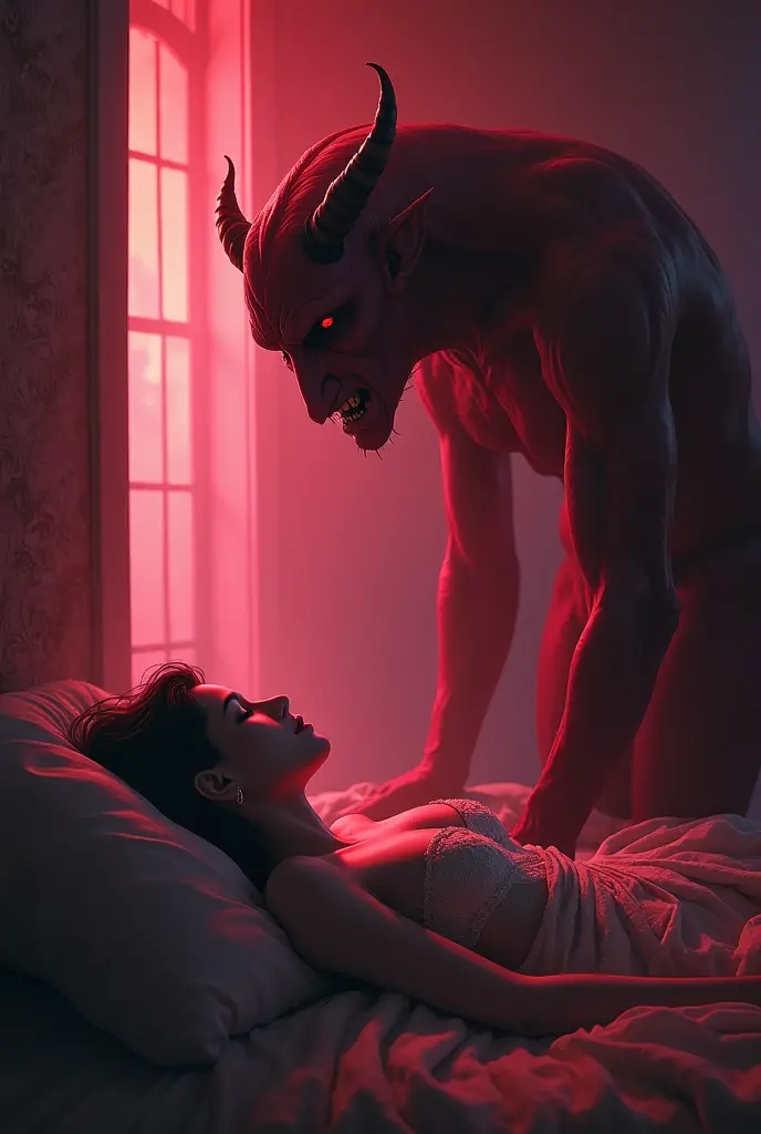 man trying to poke her with a demon at a bed side smoking and drinking,something evil there is smoke in the environment, quality black and white comic style the stage is dark and is in the background are shadow men, gl9wing red contrasting eyes
