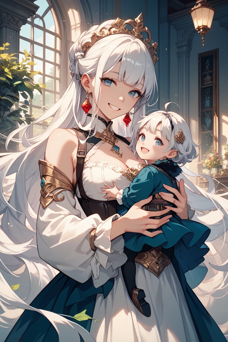Best quality, tmasterpiece, A mother leaves behind her daughter's hand, This mother has flowing white hair, Tall and tall, This daughter is a 5-year-old girl, Short white hair, eBlue eyes