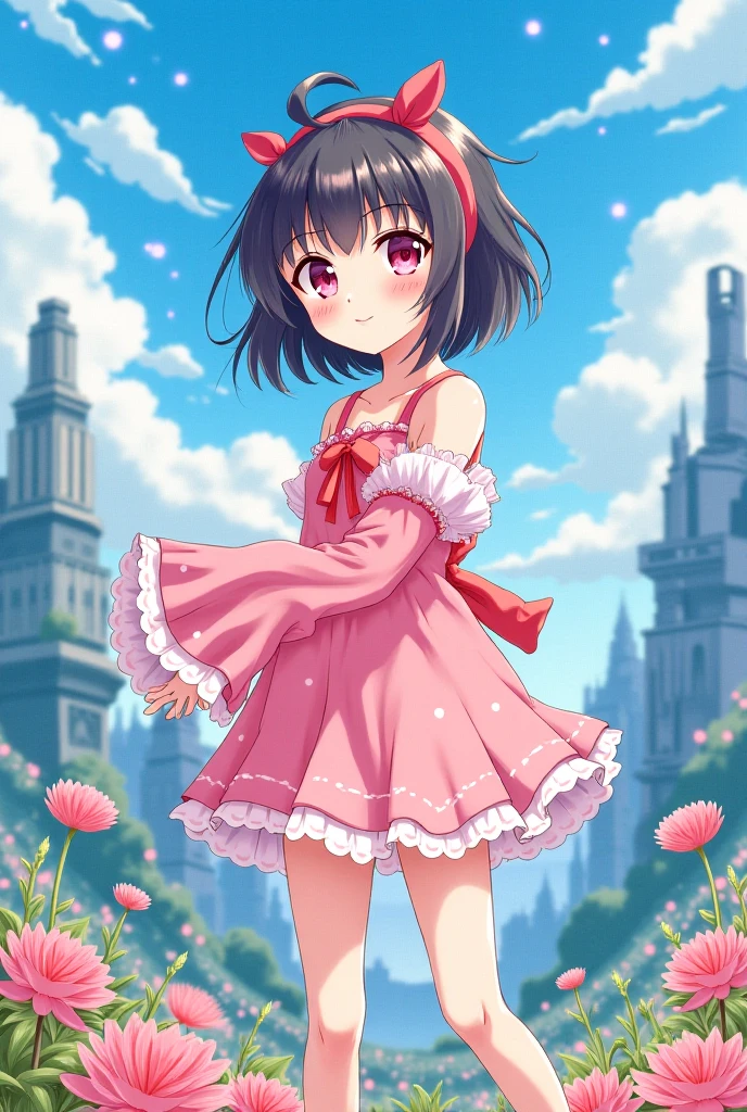 masterpiece, Highest quality, High resolution, One girl, Fluffy dresses, Sailor collar, Headdress, Lace panties, Detailed face, blush, Anime CG style, (Medium chest), Black Hair, semi-long, Good lighting, Perfect body, whole body, Erect nipples, pink bow, jewelry, bow, heart brooch, choker, brooch, heart, earrings, hair pink bow, (Sweaty skin:1.4),(Embarrassing,blush:1.5),(vapour:1.3),((Pussy juice stain)), White Pantyhose,(A flower garden with a castle in the distance:1.5)、Standing still、From below