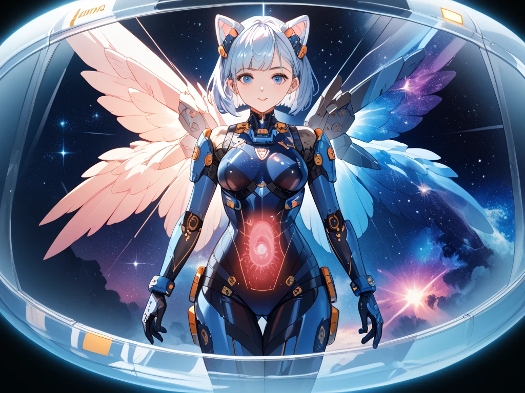 mecha,mecha musume,<lora:EPdab:0.8>,Female character with bird wings and tiger tail,EPdabbing,outstretched arm,covered face,closed eyes,squatting,split,, score_9, score_8_up, score_7_up,
