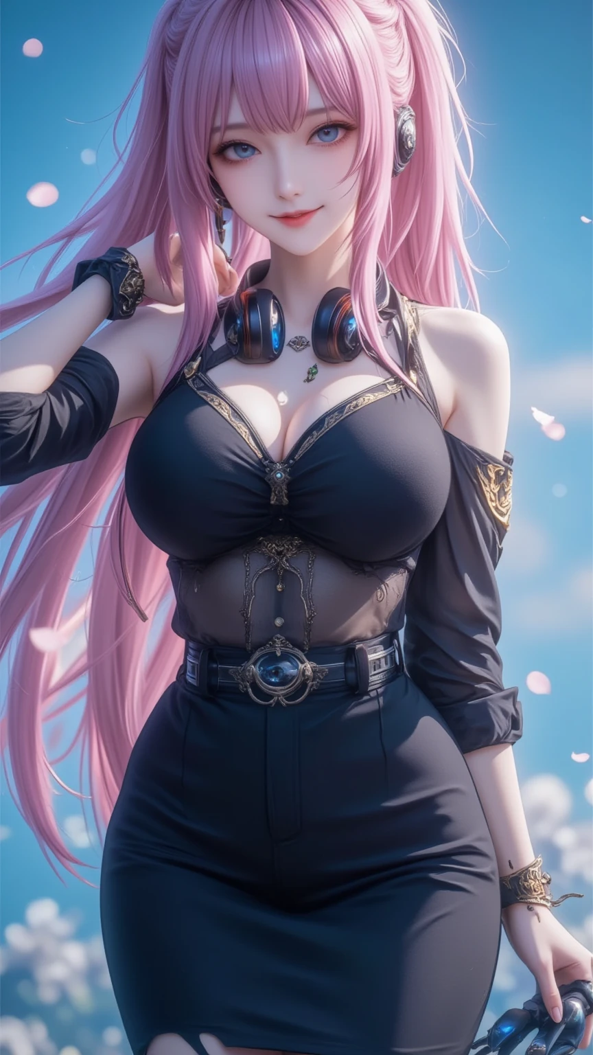 n3n33fthy, long hair, pink hair, hair over one eye, ahoge, yellow eyes, large breasts, choker, fishnets, thighhighs, navel, detached sleeves, crop top, chain, pleated skirt, jewelry, outdoors