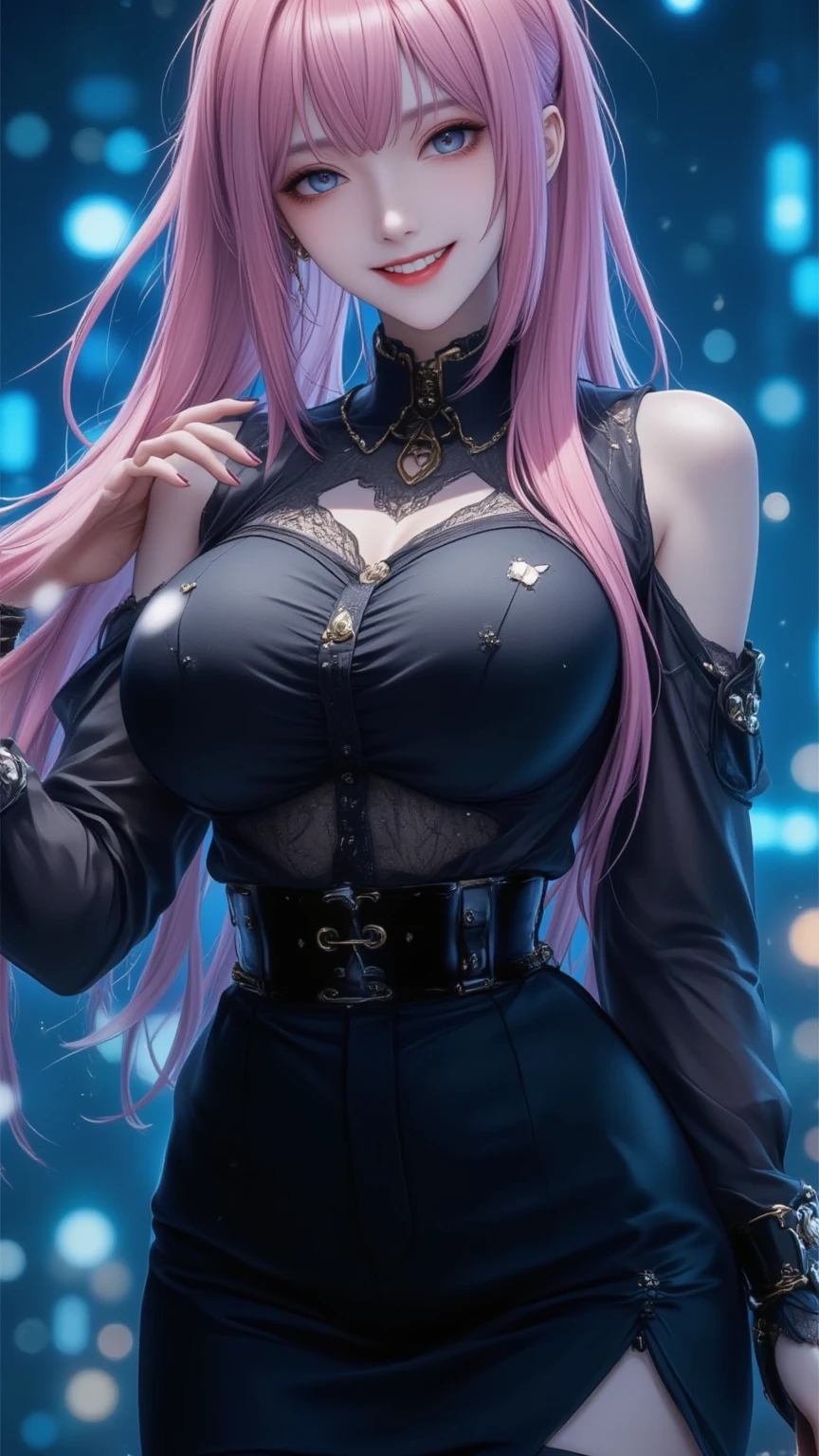 the Woman, long curly hair, pink hair, blue eyes, suit, woman in suit, sexy, Black Suit, sexy, sensual, bright eyes, side smile, elf, elf ears