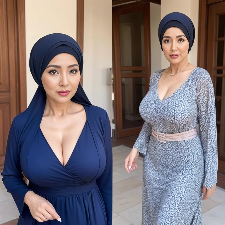 56 years Old, (Hijab Indonesian), (mature woman), Big Tits : 196.9, (Tight Luxury Gown), curvy body, Breast about To burst out from her clothes, at doctor office, Dark light, at Nighttime.