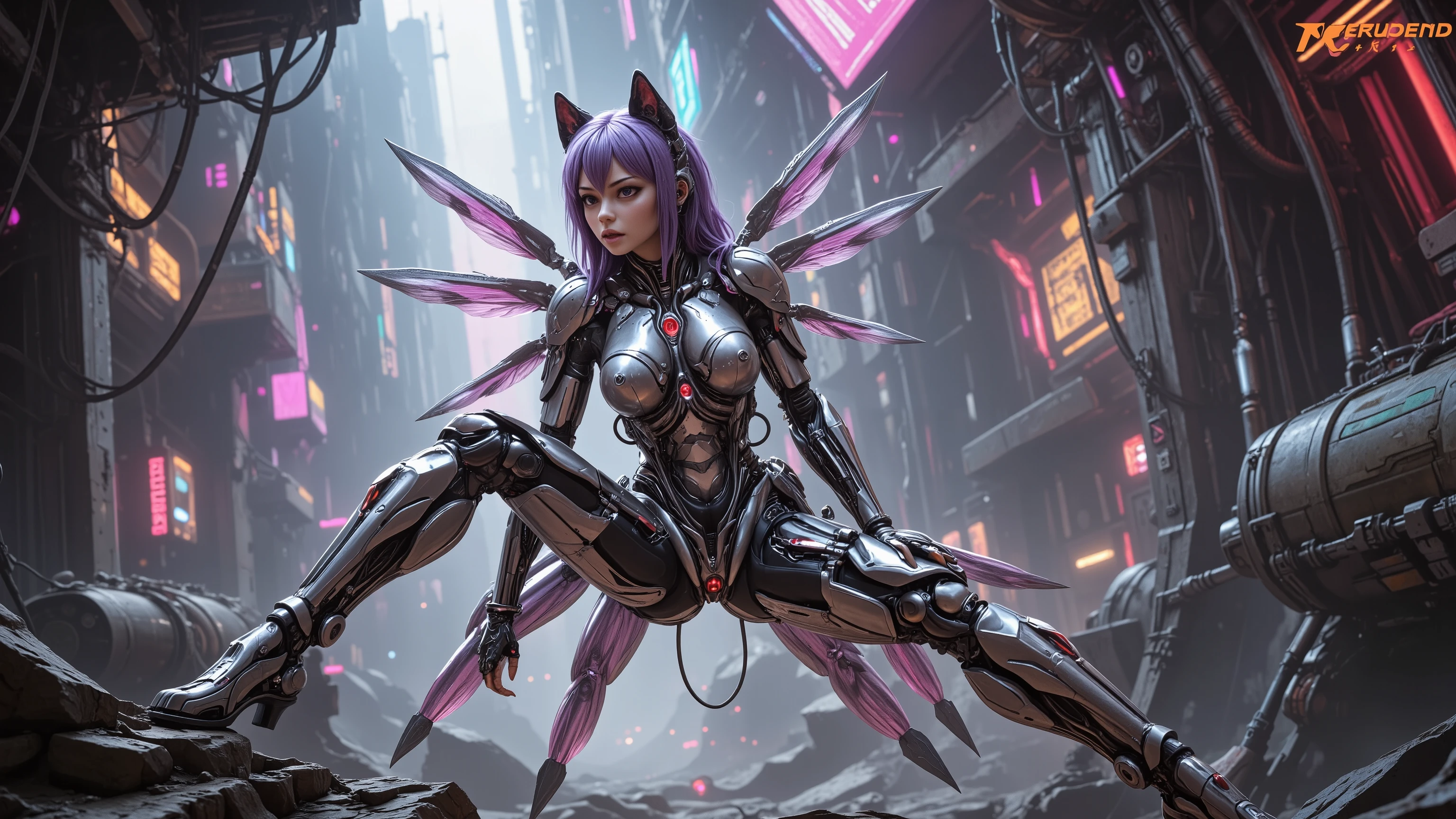 Anime drawn image, intricate, detailed, ornate, fantasy, machinery, neon, cyborg, mechanical parts, mechanical limbs, mechanical wings, cybernetic augmentations, probes, cables, wires, suspended in the air, ray tracing, 16k, UHD, cinematic, masterpiece, award winning