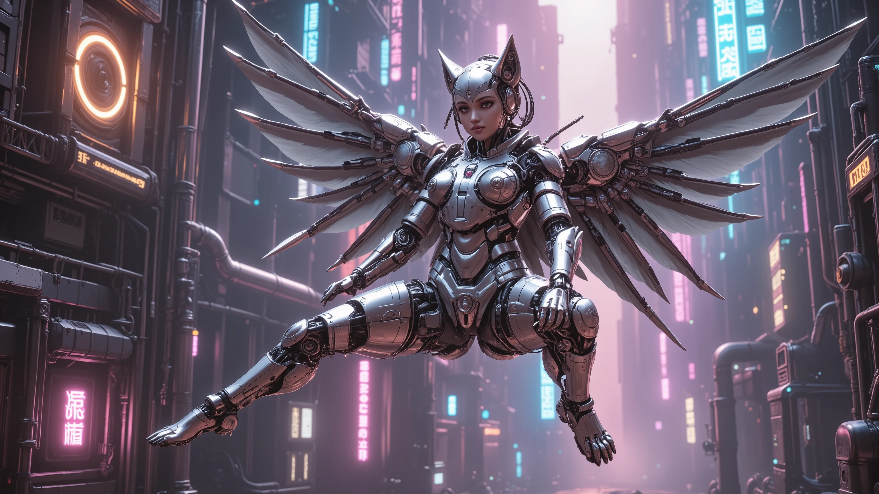 Anime drawn image, intricate, detailed, ornate, fantasy, machinery, neon, cyborg, mechanical parts, mechanical limbs, mechanical wings, cybernetic augmentations, probes, cables, wires, suspended in the air, ray tracing, 16k, UHD, cinematic, masterpiece, award winning 