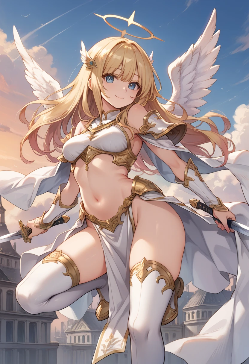 masterpiece, best quality, movie still, 1girl, floating in the sky, cloud girl, cloud, (close-up:1.1), bright, happy, fun, soft lighting, (Bauhaus, shapes, lines, abstract:1.1), stockings, bridal gauntlet, IdleAngels