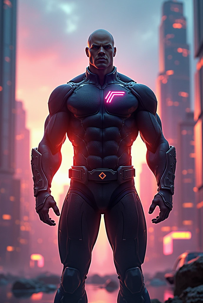 a male superhero in a black and pink suit, similar to the green arrow, with a city in the background and a sunset that looks like a movie cover
