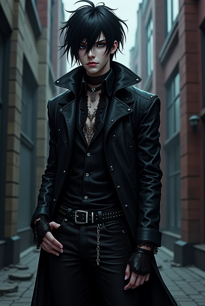 one man, one boy, femboy, black hair, fit body, purple eyes, purple skin, black leather clothes, choker, serious face, semi-realistic style, outliner, dark forest background, dark sky background, moon light, bust, upper body, bare shoulders, naughty grin, hands on chest