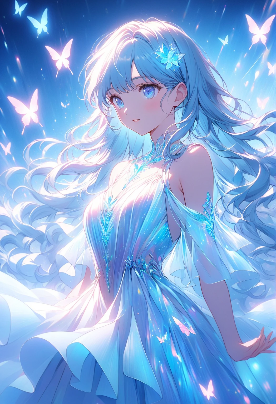 A 24 year old girl, of bright sky-blue hair like a crystalline blue river, crislin emerald eyes like sparkling gems, with delicate and fine features and a beautiful lace dress, quite revealing and water-colored, adorned with pearls and crystal roses.