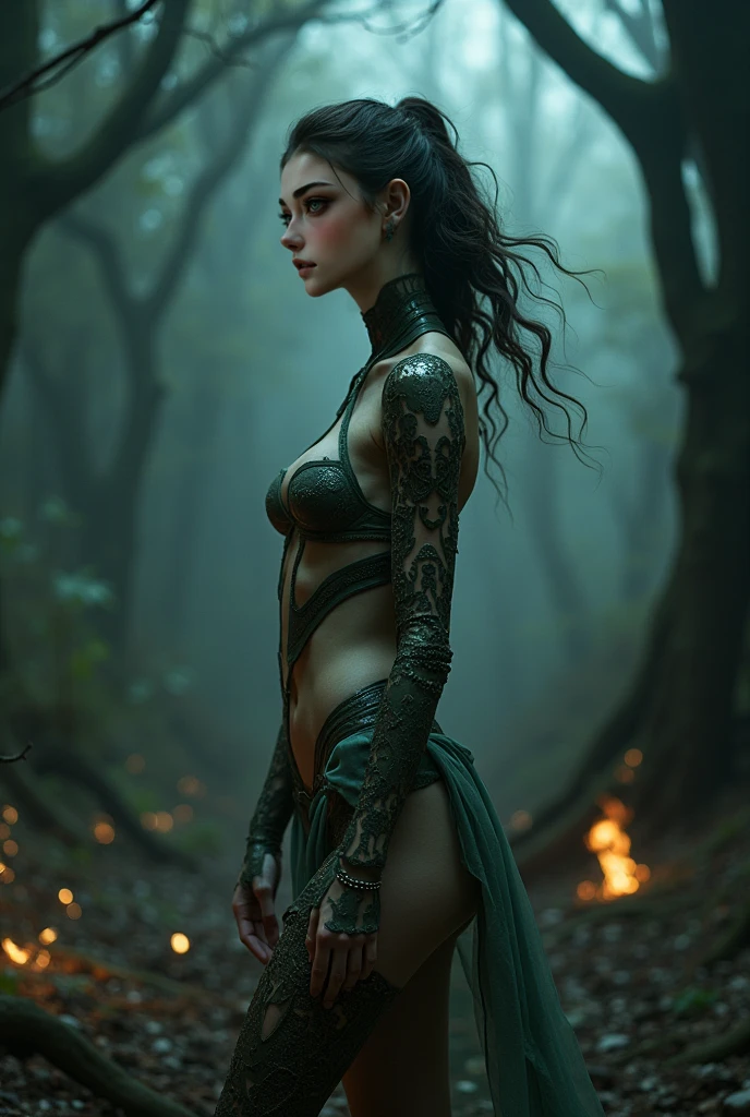 Masterpiece, Morrigan from Dragon Age, witch of the wilds dress, (skin texture:1.1), (fantasy swamp background), casting a spell, magical effects, magic aura, sparks, fire, best quality, ultra high res, (photorealistic: 1.4), Raw photo, by Ellen von Unwerth, Nikon D850 Film Stock Photography, F1.6 Lens, Rich Colors, Realistic, Cinestill 800, backlight, rimlighting, intense sunlight