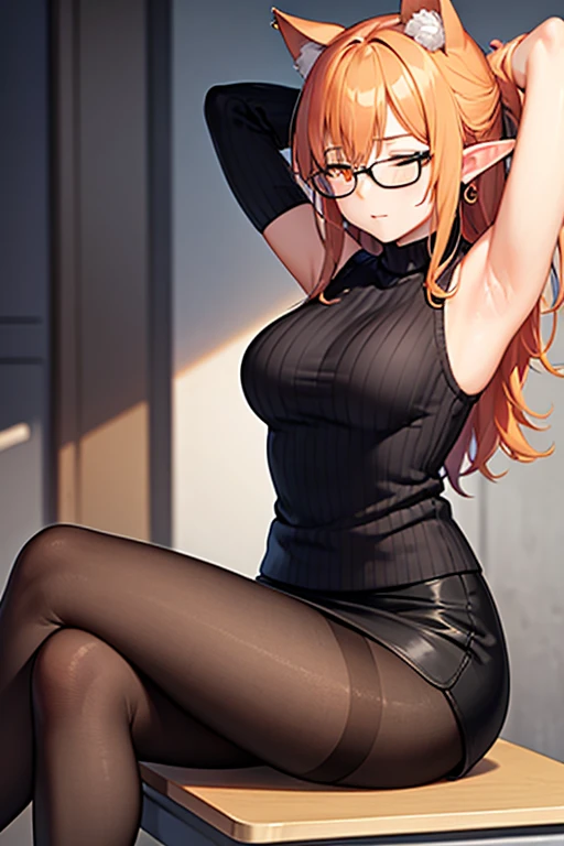 master-piece, bestquality, 1girls,, View viewers from the up, sit down, leaning forward, horny, HD, slight smile, big tits, cleavage, short orange hair, tights cloth, crop top, miniskirt, heart shape pupille, horns, tiny body, wear glasses,