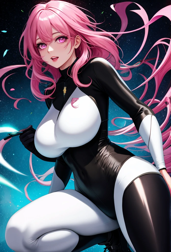 Perfect face. Perfect hands. A pink haired woman with violet eyes and an hourglass figure in a white leather jumpsuit is spinning her scythe on the roof with a bit smile